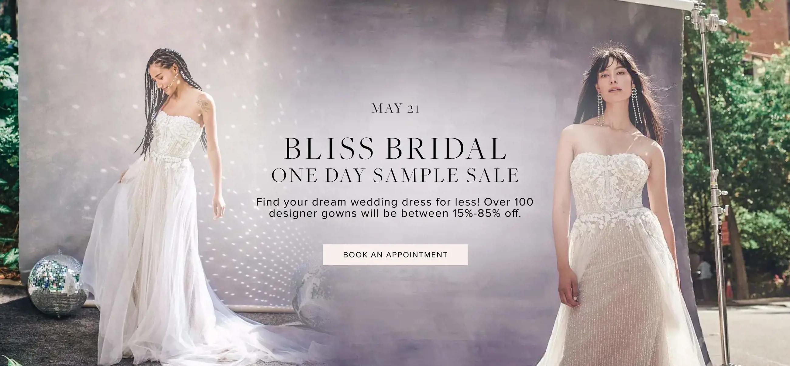 Sample sale at Bliss Bridal. Model wearing wedding dress.
