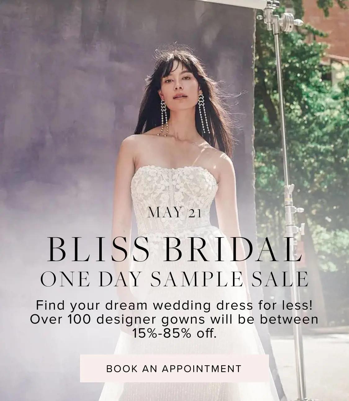 Sample sale at Bliss Bridal. Model wearing wedding dress.